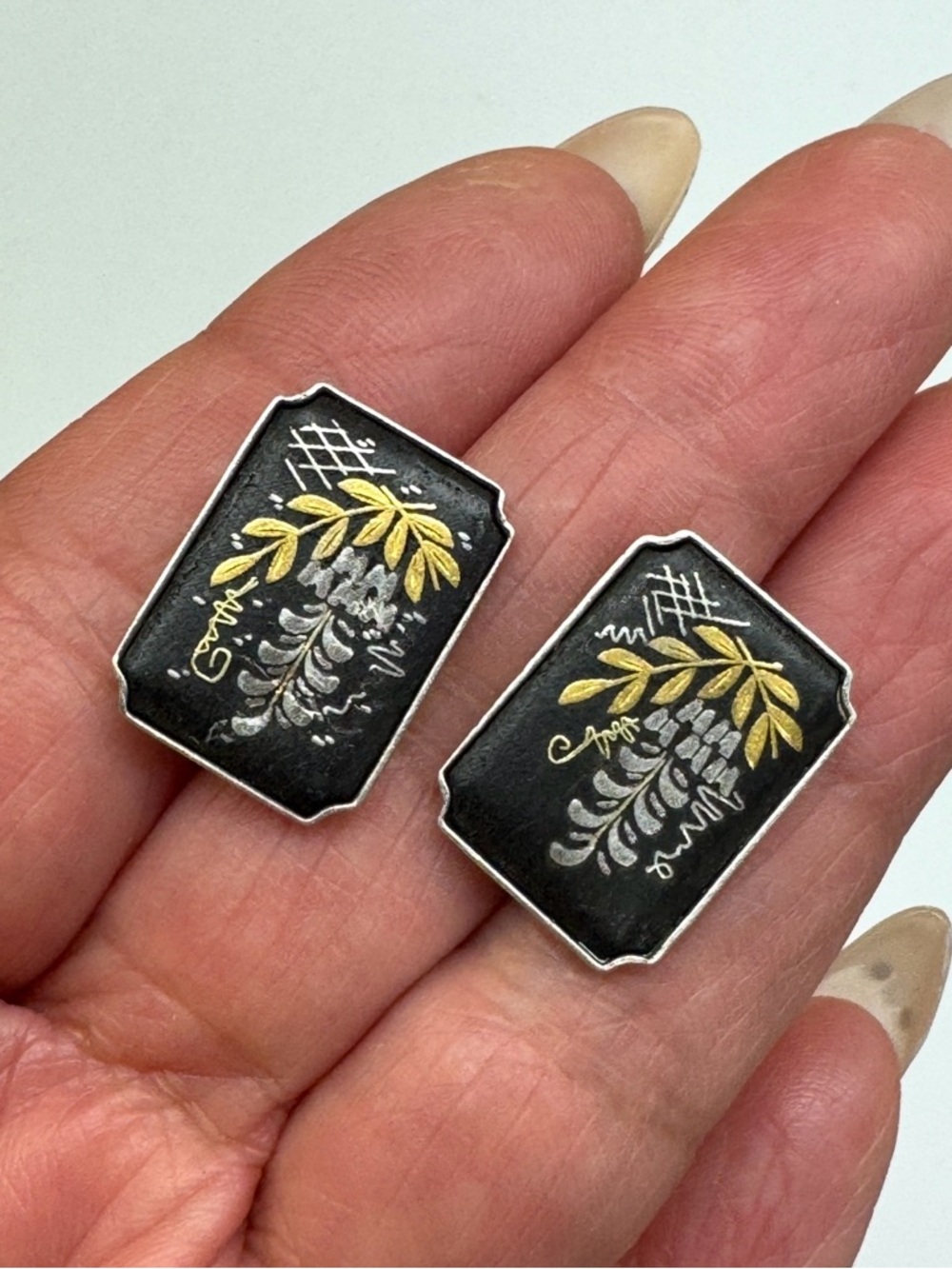 Black and Gold Rectangular Floral Enamel Earrings